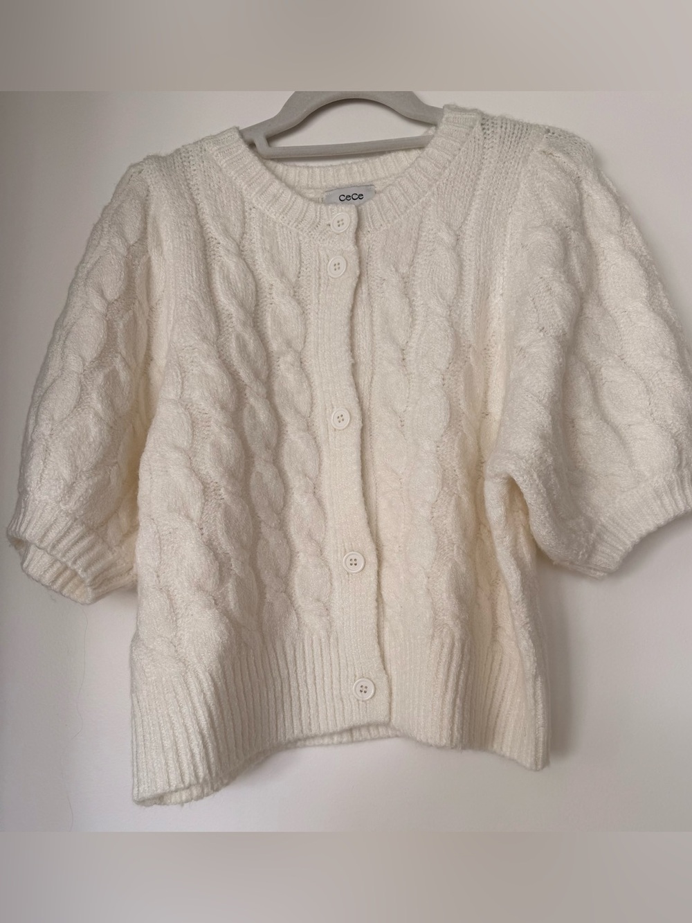 CeCe Ivory Cable-Knit Button-Front Short Sleeve Cardigan